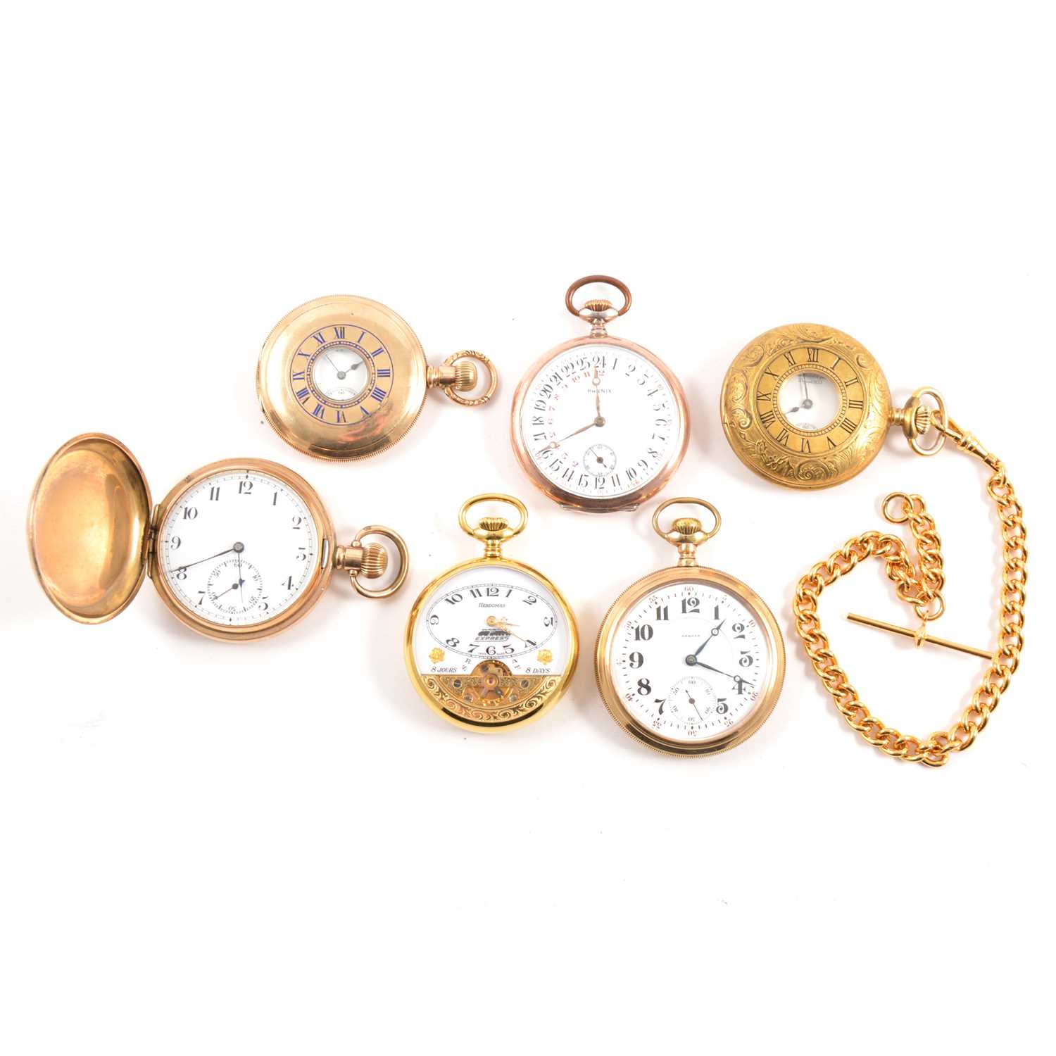 Lot 333 - Five gold-plated pocket watches and a white and rose metal pocket watch.