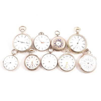 Lot 316 - Nine silver, white metal and other metal pocket watches.