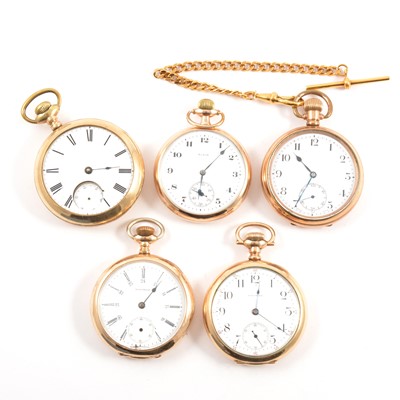 Lot 324 - Five gold-filled and gold-plated pocket watches.