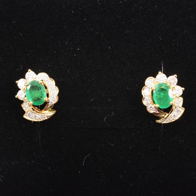 Lot 160 - A pair of emerald and diamond earrings.