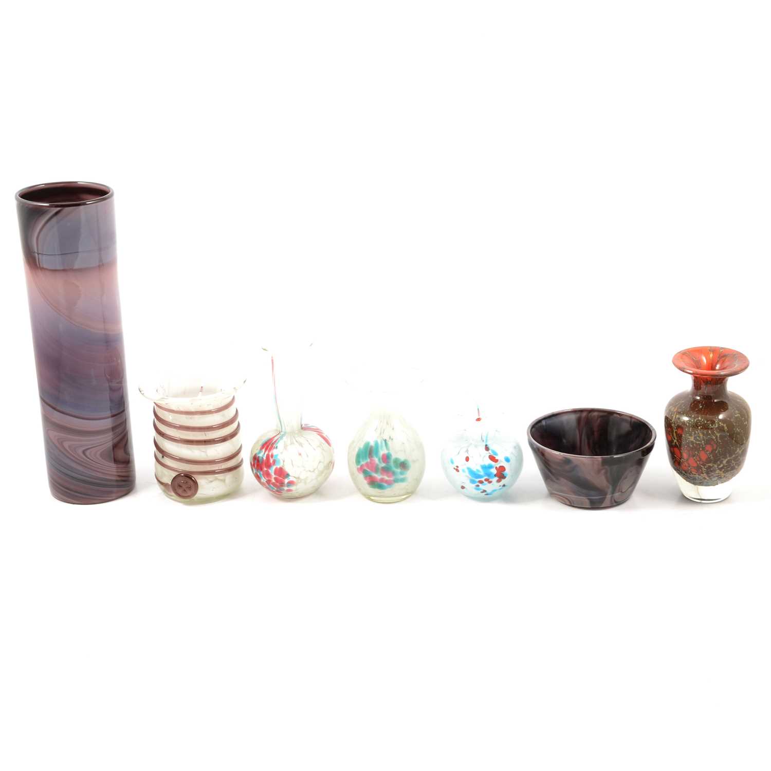 Lot 27 - Five Mdina glass vases, slag glass vase and bowl