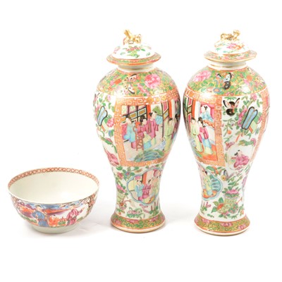 Lot 96 - Pair of Cantonese famille rose vases and a bowl