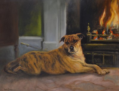 Lot 302 - Hazel Morgan, Dog by a fire