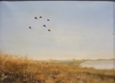 Lot 312 - T Lukkien, Birds in flight over marshland