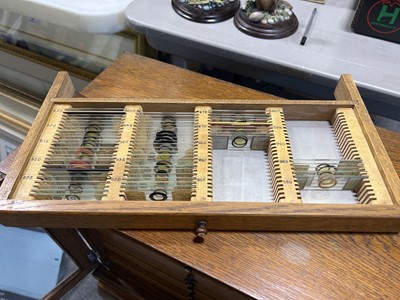 Lot 177 - Early 20th century oak microscope slide cabinet, with a large quantity of slides