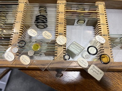 Lot 177 - Early 20th century oak microscope slide cabinet, with a large quantity of slides