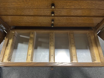 Lot 177 - Early 20th century oak microscope slide cabinet, with a large quantity of slides