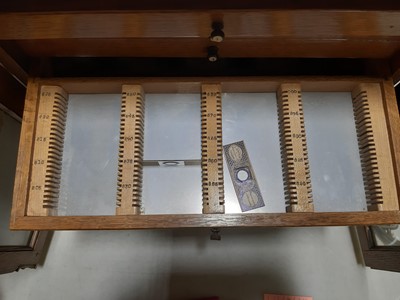 Lot 177 - Early 20th century oak microscope slide cabinet, with a large quantity of slides