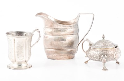 Lot 266 - George III silver mustard, Victorian silver christening mug and George II silver cream jug