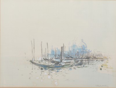 Lot 324 - Robert King, Sketch of gondolas near Santa Maria Della Salute, Venice