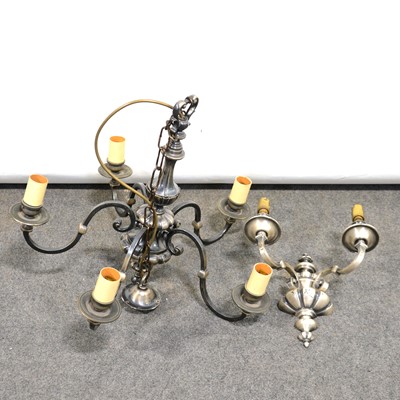 Lot 496 - An antique finish metal chandelier with similar wall light.