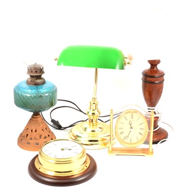 Lot 226 - An oil lamp, desk lamp, clocks.