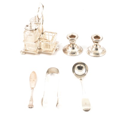 Lot 411 - Silver cruet, pair candlesticks, ladle, butter knife and tongs