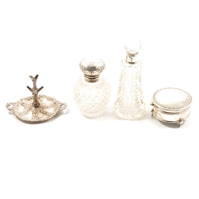 Lot 439 - Silver ring tree, ring box, two scent bottles