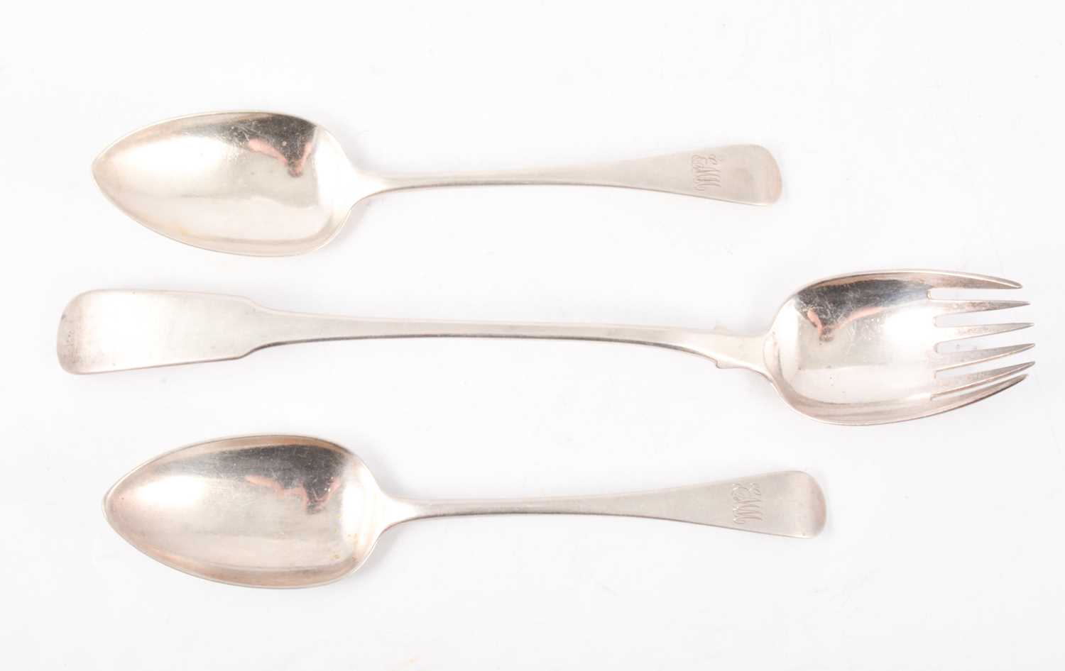 Lot 206 - Silver serving fork and a pair of silver table spoons