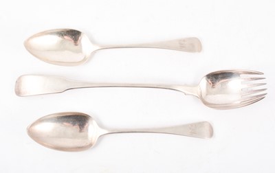 Lot 206 - Silver serving fork and a pair of silver table spoons