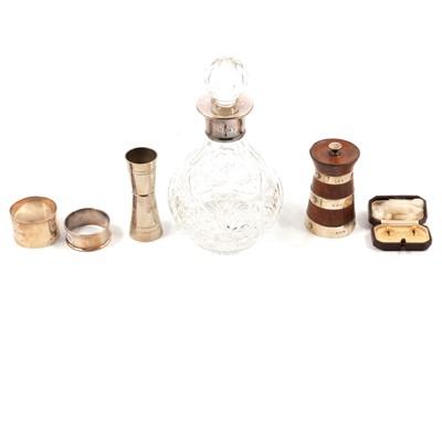 Lot 413 - Modern silver mounted cut glass decanter, pepperette, napkin rings, etc