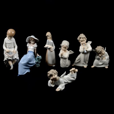 Lot 28 - Four Lladro cherubs, girl with a piglet and two Nao figures