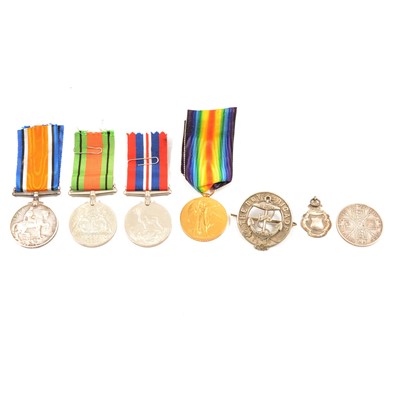 Lot 364 - Medals; WWI pair, two WWII medals, Silver Half Crown and medallion, badge.