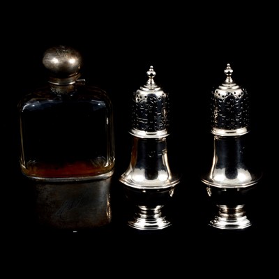 Lot 268 - Pair of silver pepperettes and a silver mounted hip flask