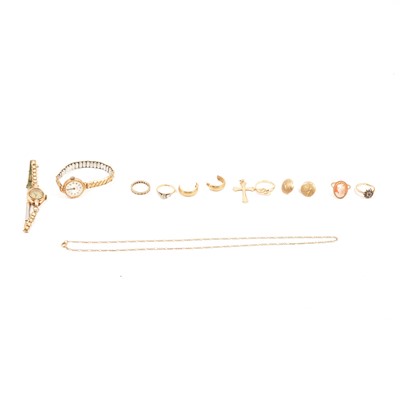 Lot 64 - A collection of gold jewellery, crucifix, cross, rings and earrings.