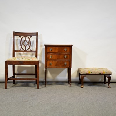 Lot 455 - Reproduction mahogany three drawer chest, footstool and a chair