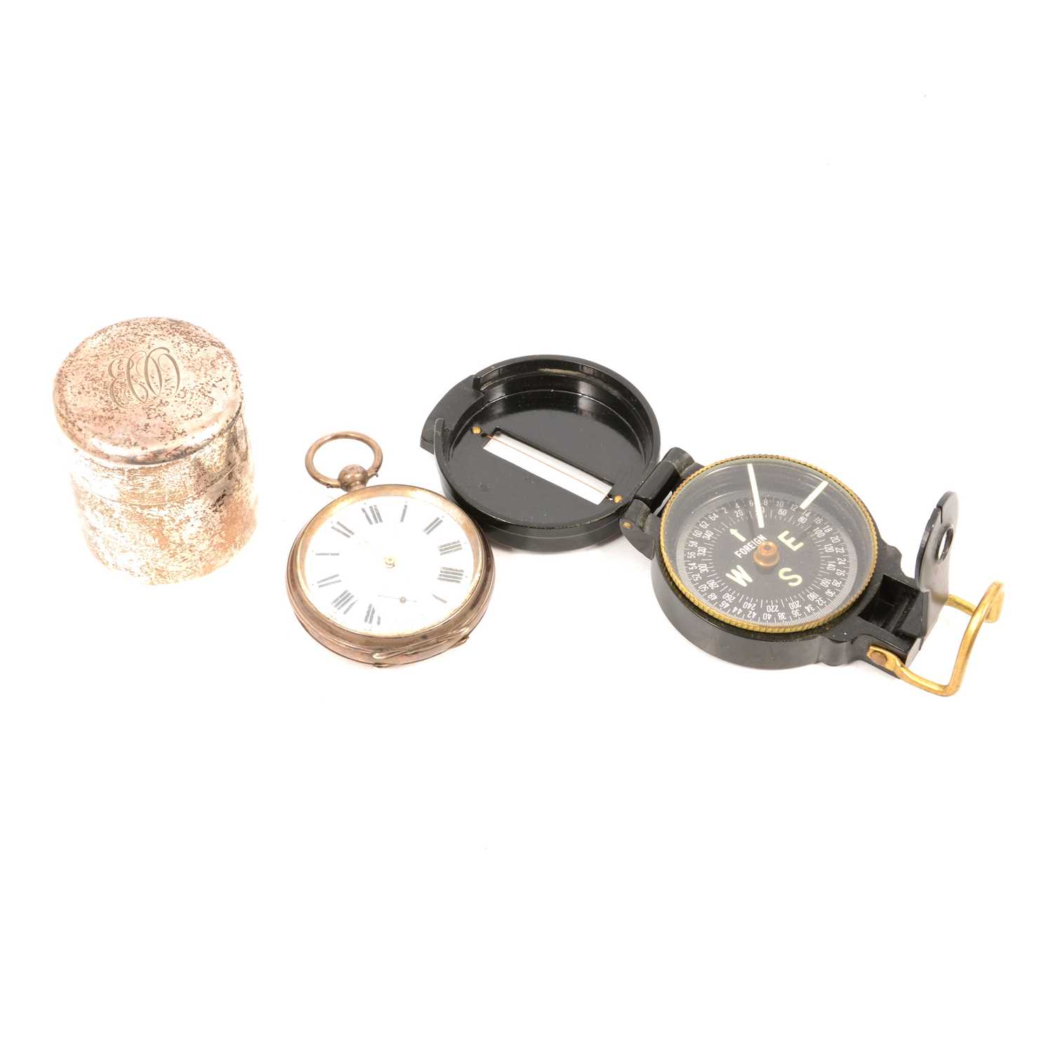 Lot 153 - Kendal & Dent  - an 800 silver open face pocket watch, Engineer directional compass, silver cylindrical box.