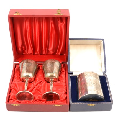 Lot 395 - Commemorative pair of silver goblets, and a silver box and cover