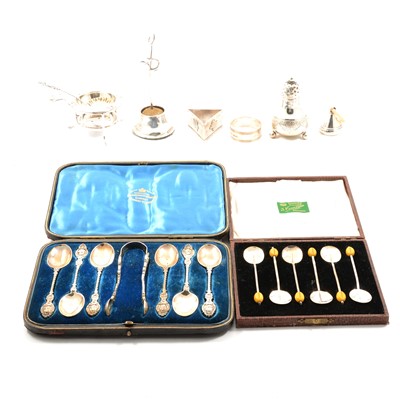 Lot 397 - Set of six silver teaspoons with matching sugar tongs, etc.