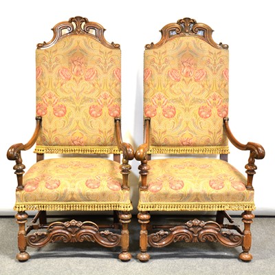 Lot 731 - Pair of French walnut armchairs, carved and...