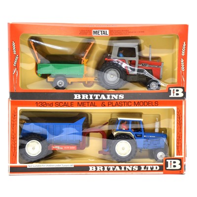 Lot 105 - Britains Farm toy models, Ford and Massey Ferguson tractors with trailers.