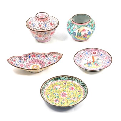 Lot 61 - Chinese enamelled bowl, cover and stand, an enamelled bowl and two saucers
