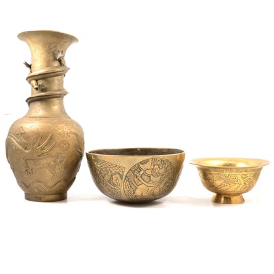 Lot 69 - Chinese brass vase and two brass bowls