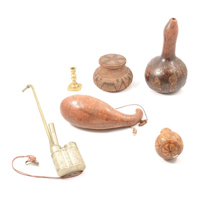 Lot 85 - Chinese metal opium pipe, gourd flasks, basketware.
