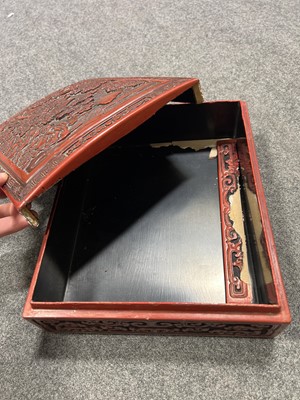 Lot 97 - Chinese cinnabar lacquered box, small plaque and a tray