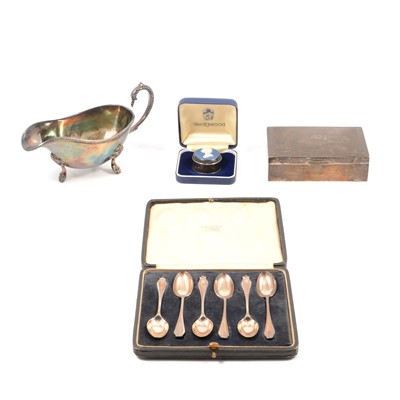 Lot 381 - A cased set of silver teaspoons, cigarette box, matchbox holder etc.