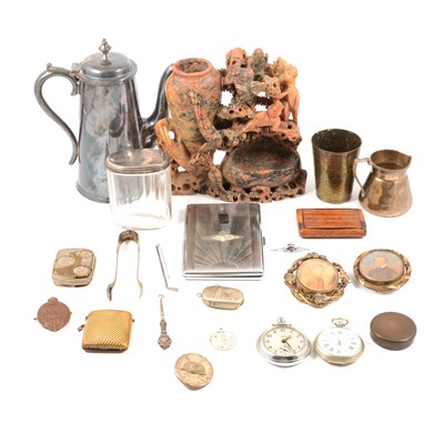 Lot 145 - Two Victorian pinchbeck brooches, silver vesta case, pocket watches, etc