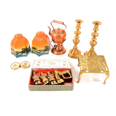 Lot 174 - Assorted brass and metalware with two 1950s glass shades