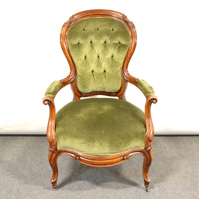 Lot 424 - Victorian walnut easy chair, green upholstery.