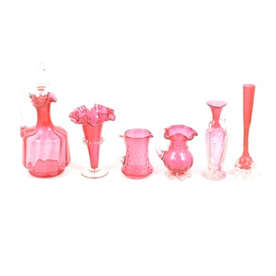 Lot 104 - Pair of cranberry glass claret decanters, and a collection of cranberry glassware.