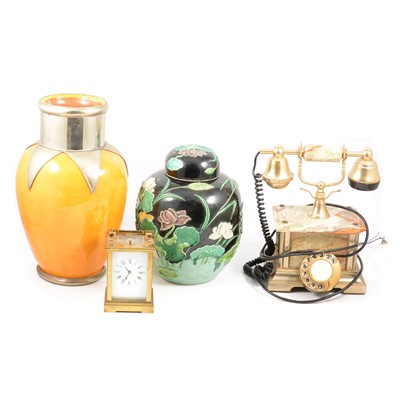 Lot 284 - French style timepiece, reproduction green marble telephone, modern yellow vase and black ground ginger jar.