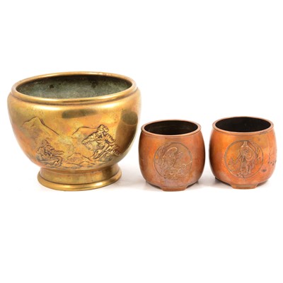 Lot 122 - Chinese brass jardiniere and a pair of small bronze vases