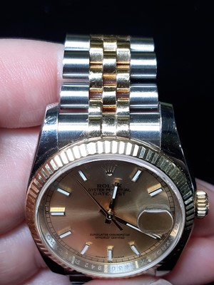 Lot 165 - Rolex - a gentleman's Oyster Perpetual Datejust bi-colour self-winding wristwatch.