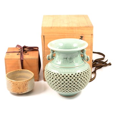 Lot 24 - Korean celadon reticulated vase, an an earthenware bowl, modern