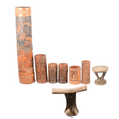 Lot 44 - Chinese bamboo vases a head rest and a stand