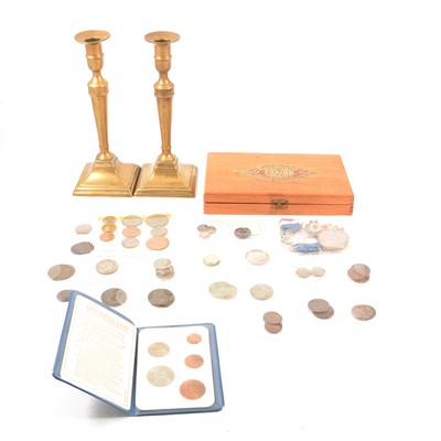 Lot 138 - George III and later British coins, royal commemorative medallions, and pair of brass candlesticks.