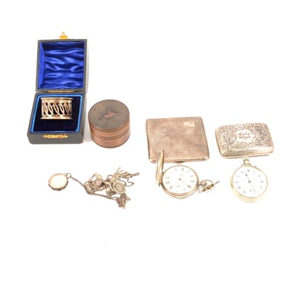 Lot 242 - Silver cigarette cases, pocket watches, napkin ring.