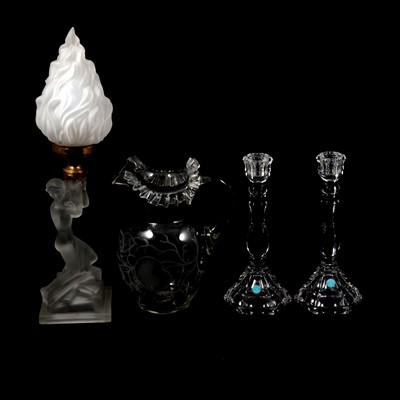 Lot 45 - Tiffany - a pair of glass candlesticks, Art Deco style figural lamp, and a lemonade jug.