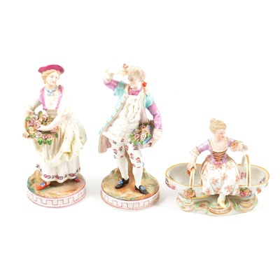 Lot 3 - Meissen porcelain table salt and a pair of Dresden figures