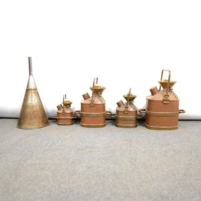 Lot 199 - Four brass and copper metric measure petrol cans, and a copper funnel